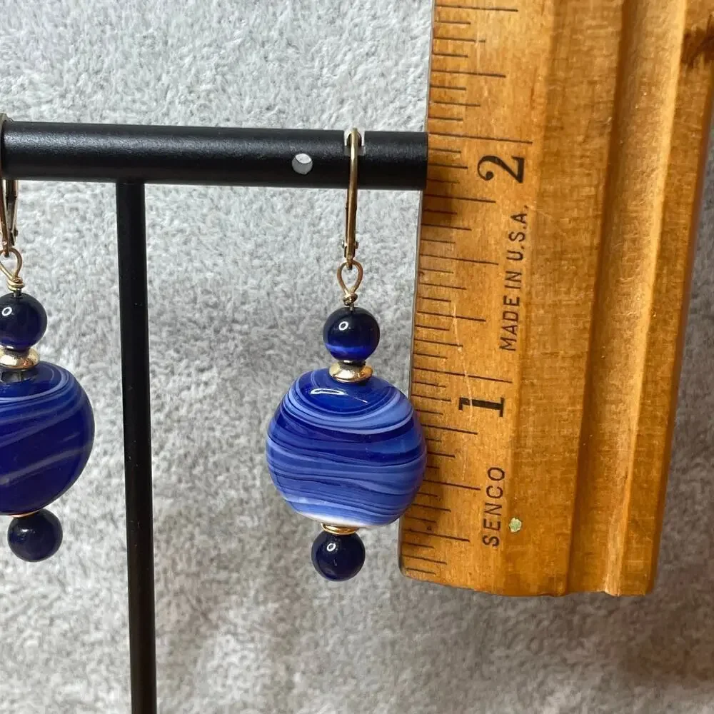 Handmade blue ceramic bead gold tone drop dangle earrings - Picture 4 of 5
